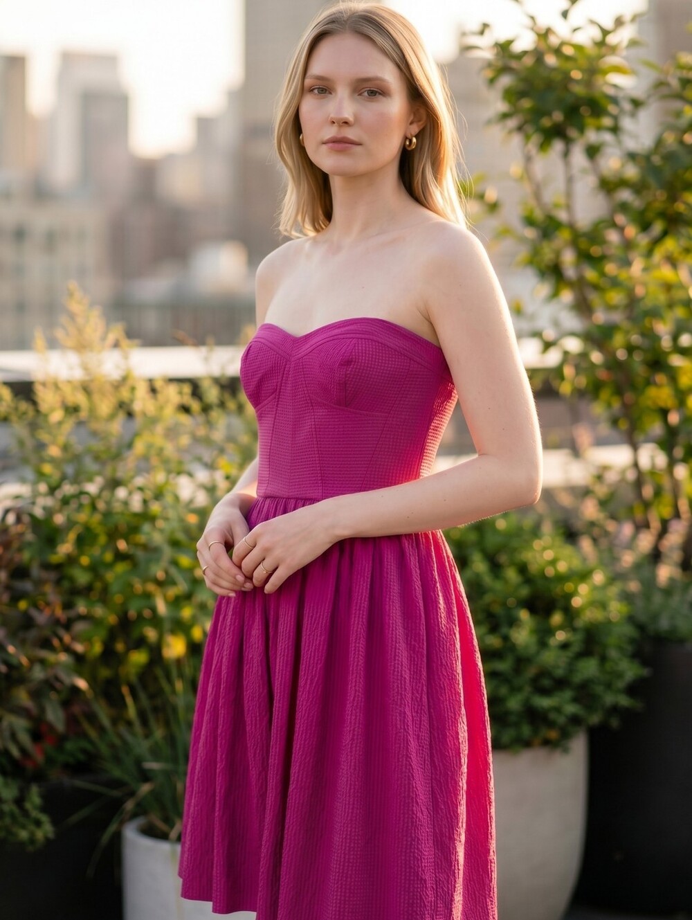 Rebecca Taylor Magenta Textured 100% Silk Strapless Sweetheart Cocktail Dress